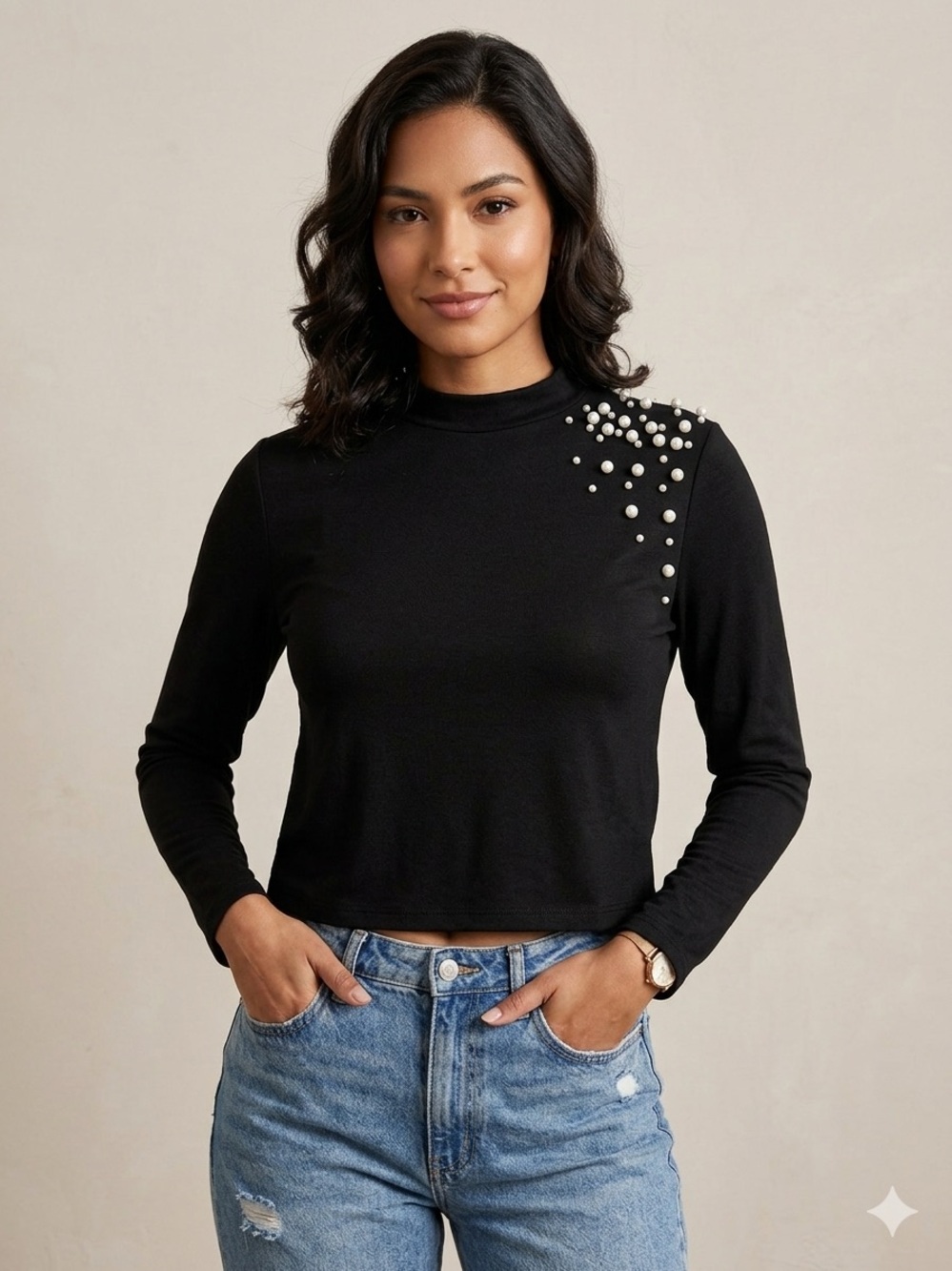 SHEIN Black Long-Sleeve Pearl-Embellished Crop Top